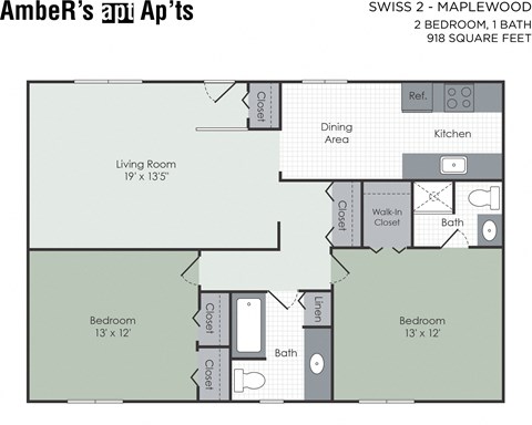 Floor plan for 2 beds, 1 bath, 918 sqft